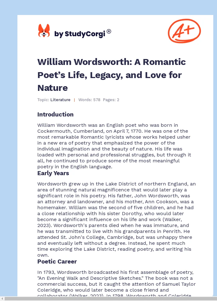 William Wordsworth: A Romantic Poet’s Life, Legacy, and Love for Nature. Page 1
