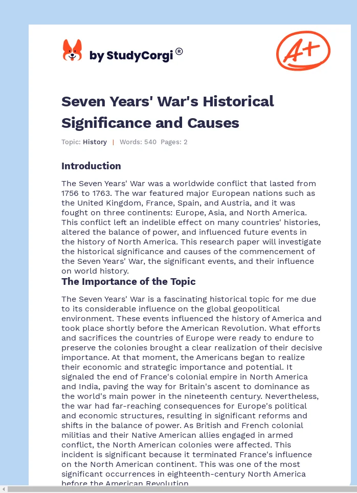 Seven Years' War's Historical Significance and Causes. Page 1