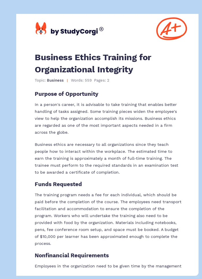 Business Ethics Training for Organizational Integrity. Page 1