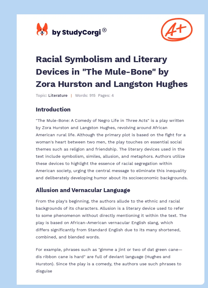 Racial Symbolism and Literary Devices in "The Mule-Bone" by Zora Hurston and Langston Hughes. Page 1