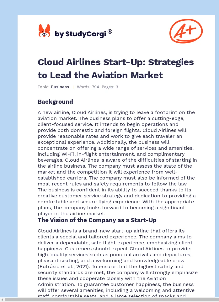 Cloud Airlines Start-Up: Strategies to Lead the Aviation Market. Page 1