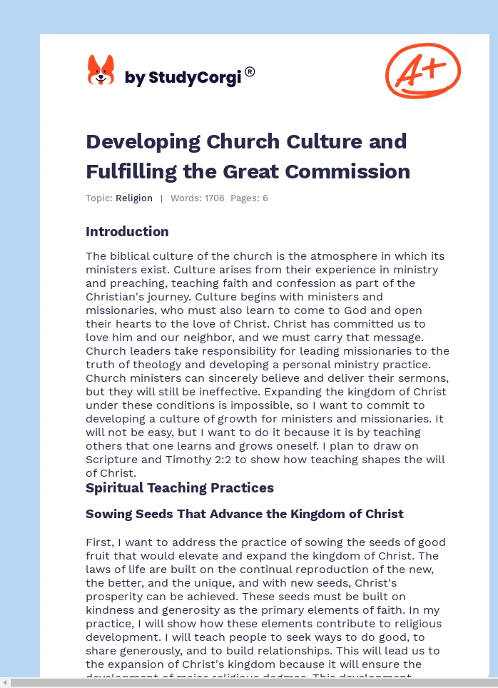 Developing Church Culture and Fulfilling the Great Commission. Page 1