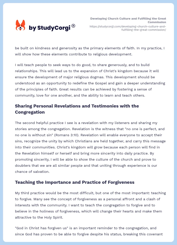 Developing Church Culture and Fulfilling the Great Commission. Page 2