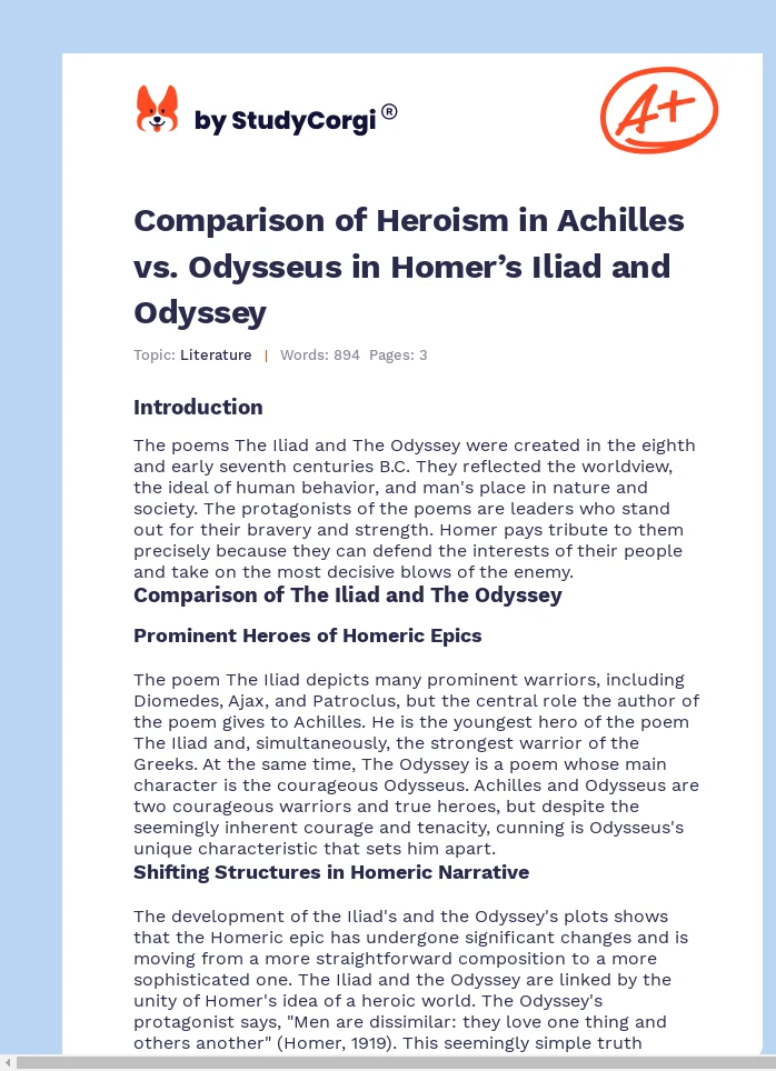 Comparison of Heroism in Achilles vs. Odysseus in Homer’s Iliad and Odyssey. Page 1