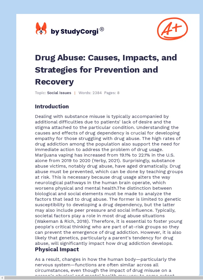 Drug Abuse: Causes, Impacts, and Strategies for Prevention and Recovery. Page 1
