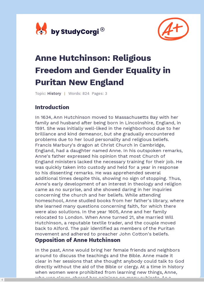 Anne Hutchinson: Religious Freedom and Gender Equality in Puritan New England. Page 1