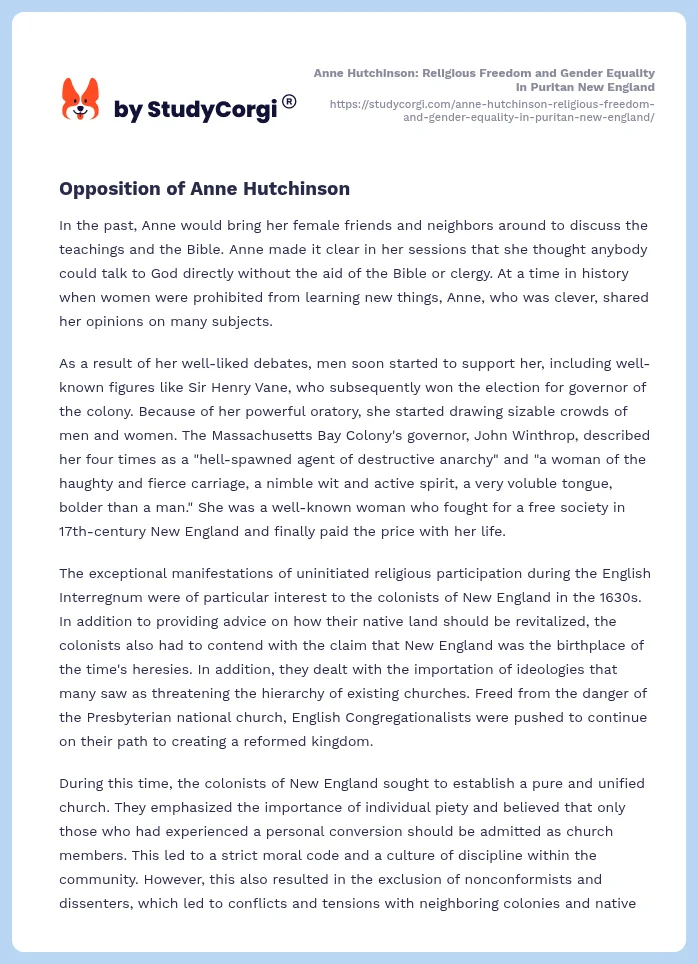 Anne Hutchinson: Religious Freedom and Gender Equality in Puritan New England. Page 2