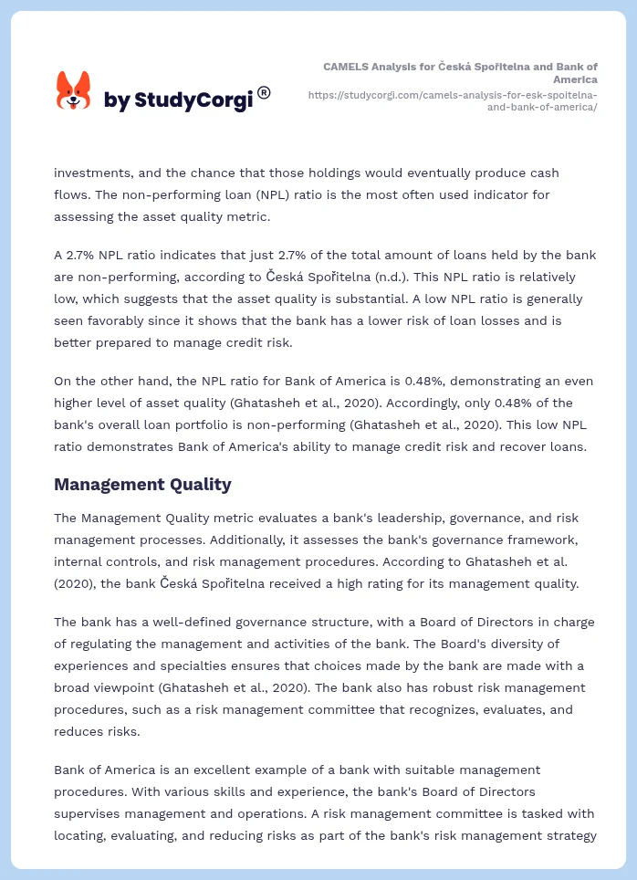 CAMELS Analysis for Česká Spořitelna and Bank of America. Page 2