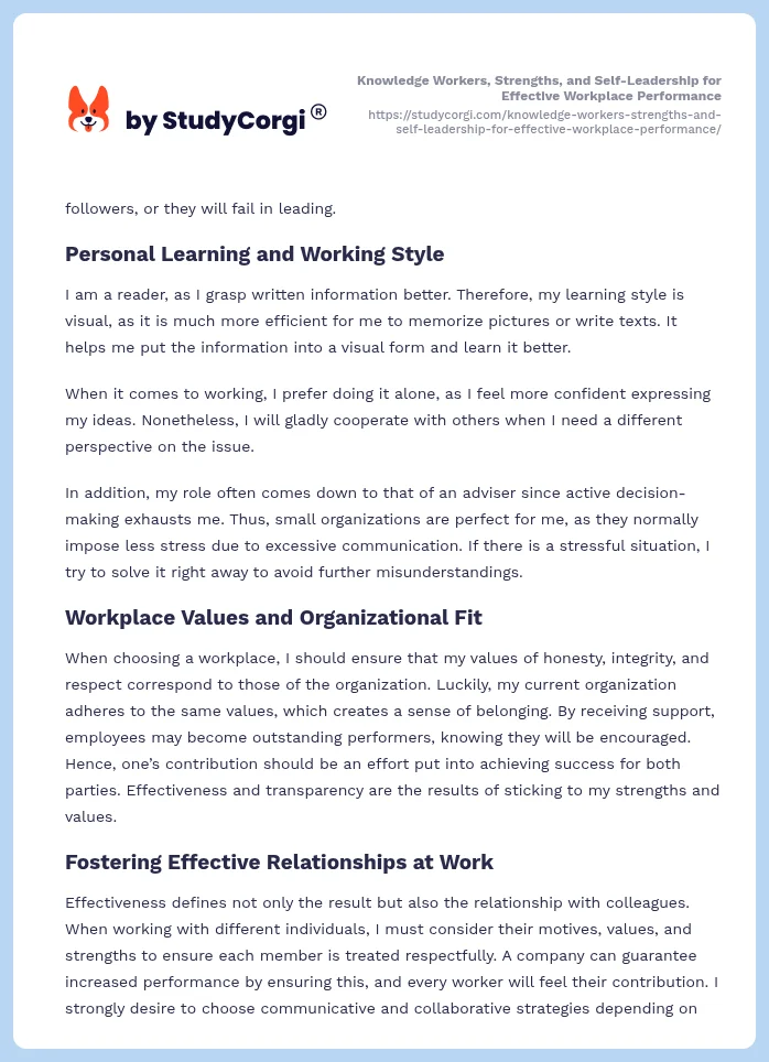 Knowledge Workers, Strengths, and Self-Leadership for Effective Workplace Performance. Page 2