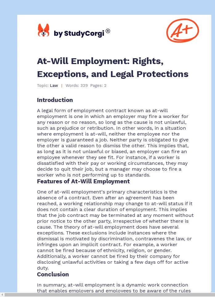 At-Will Employment: Rights, Exceptions, and Legal Protections. Page 1