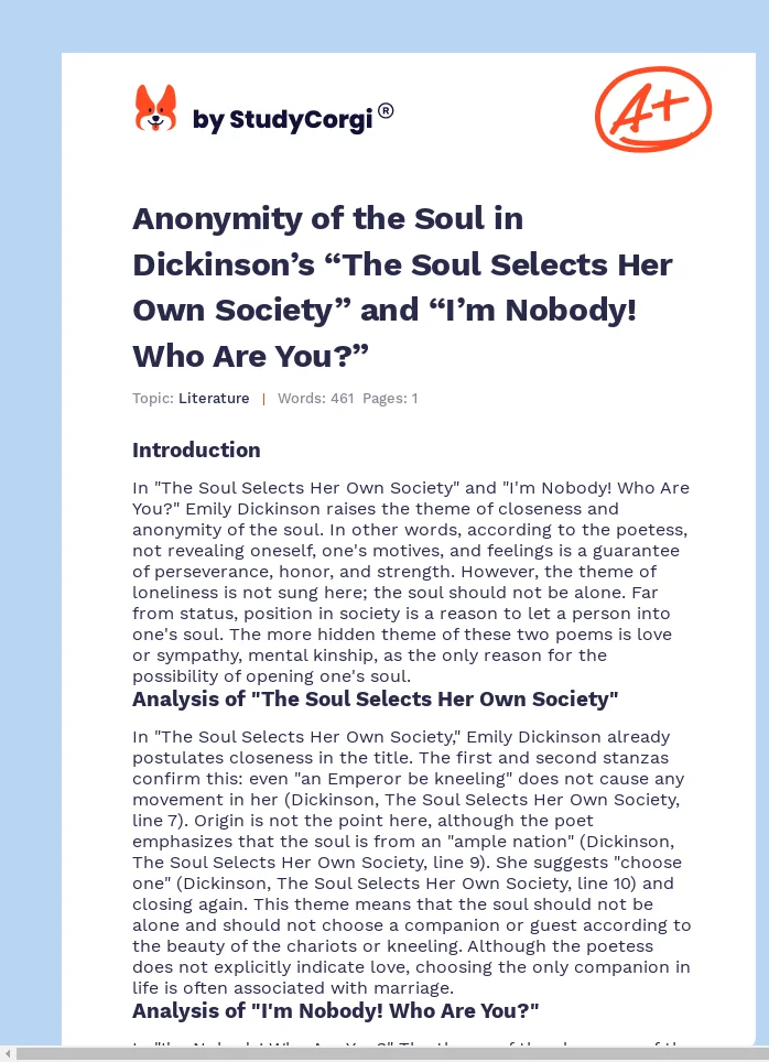 Anonymity of the Soul in Dickinson’s “The Soul Selects Her Own Society” and “I’m Nobody! Who Are You?”. Page 1