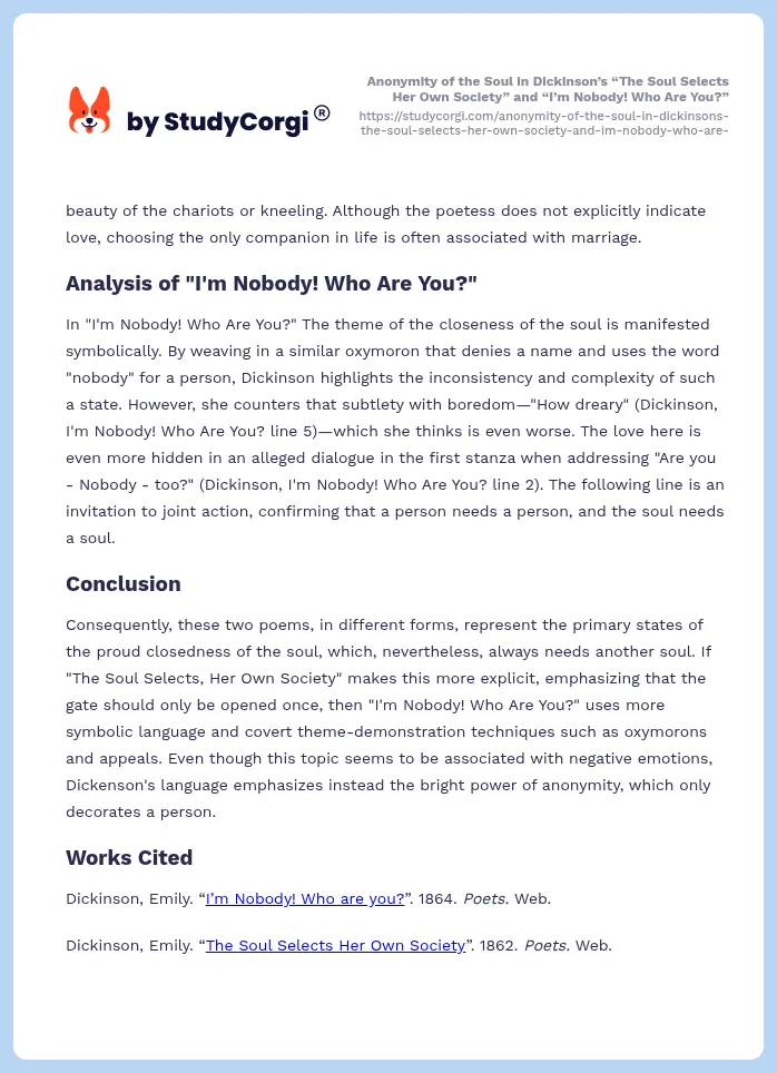 Anonymity of the Soul in Dickinson’s “The Soul Selects Her Own Society” and “I’m Nobody! Who Are You?”. Page 2