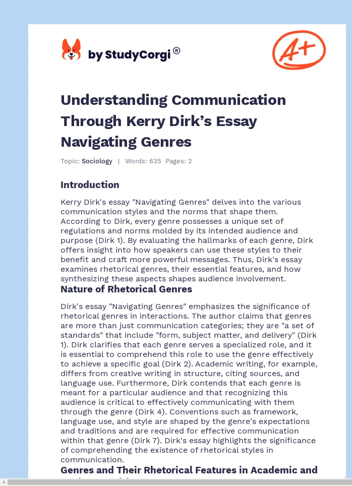 Understanding Communication Through Kerry Dirk’s Essay Navigating Genres. Page 1