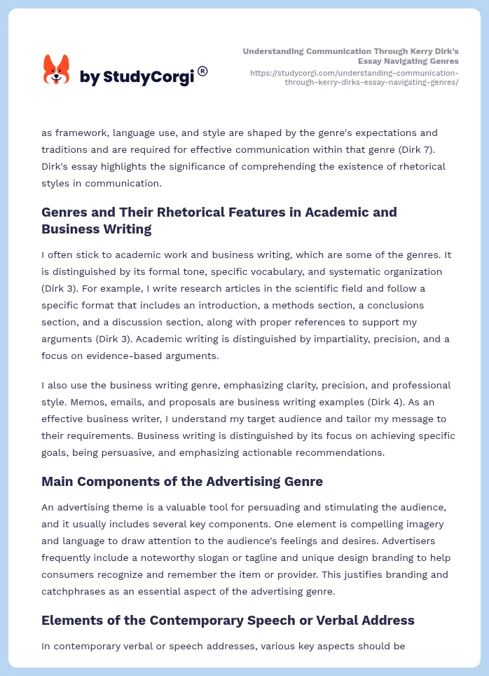 Understanding Communication Through Kerry Dirk’s Essay Navigating Genres. Page 2