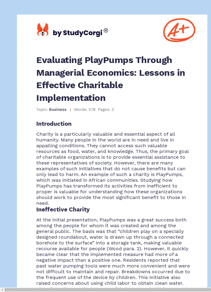 Evaluating PlayPumps Through Managerial Economics: Lessons in Effective Charitable Implementation. Page 1
