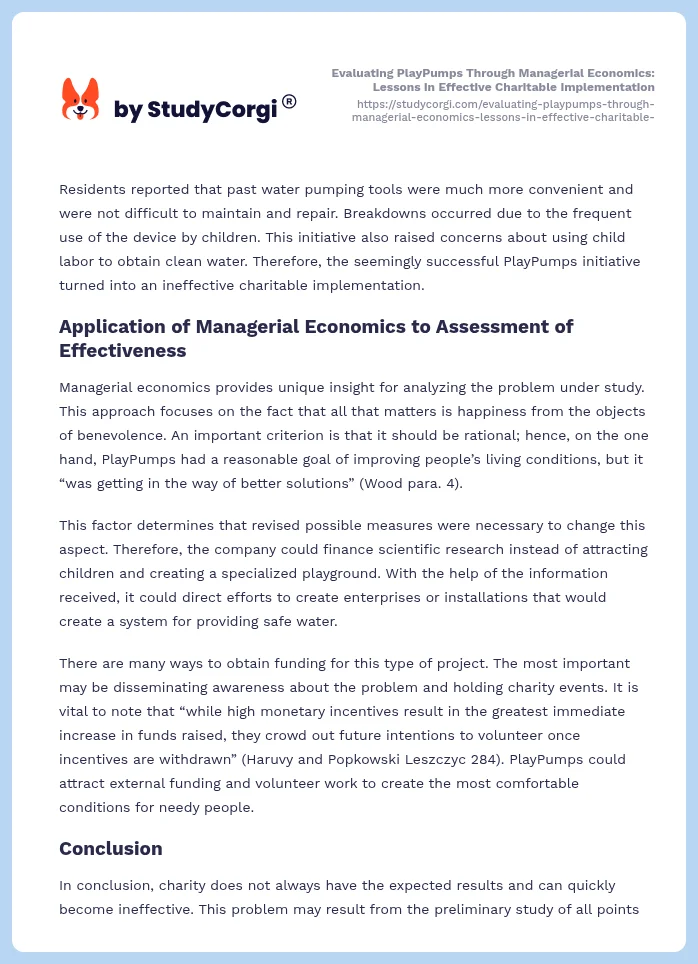 Evaluating PlayPumps Through Managerial Economics: Lessons in Effective Charitable Implementation. Page 2