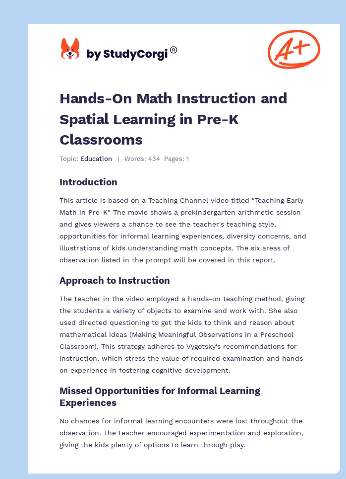 Hands-On Math Instruction and Spatial Learning in Pre-K Classrooms. Page 1
