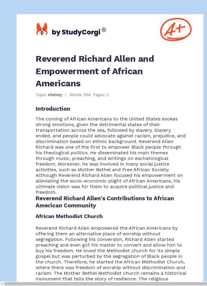 Reverend Richard Allen and Empowerment of African Americans. Page 1