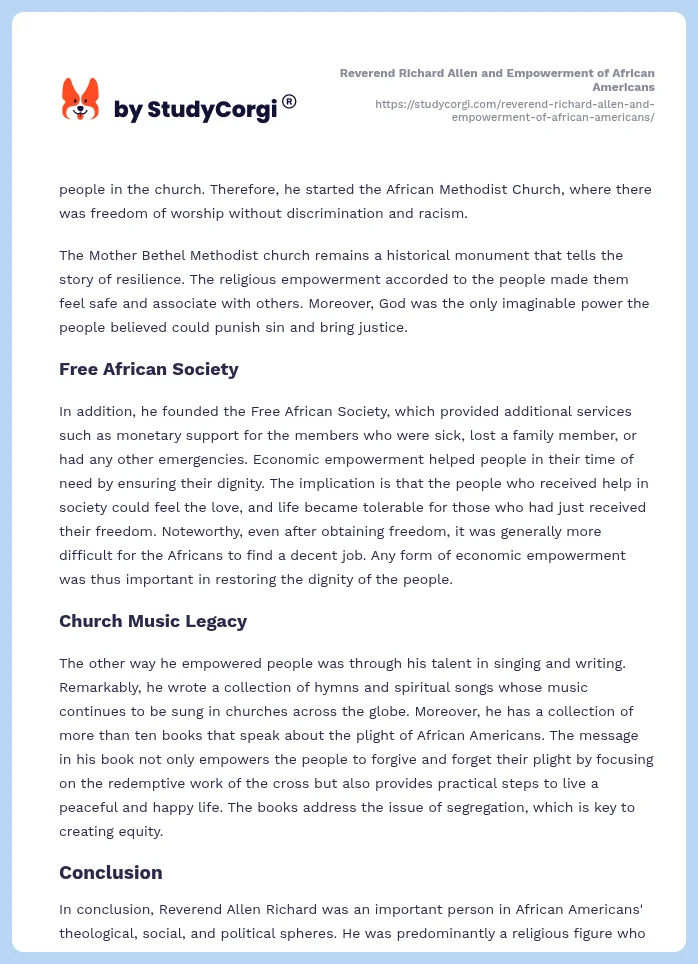 Reverend Richard Allen and Empowerment of African Americans. Page 2