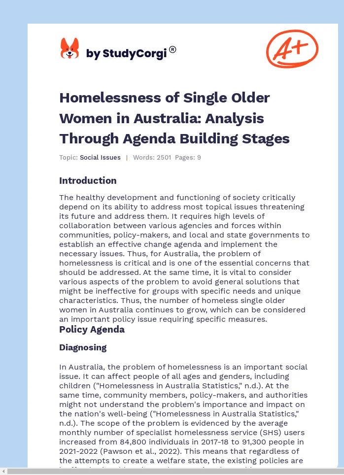 Homelessness of Single Older Women in Australia: Analysis Through Agenda Building Stages. Page 1