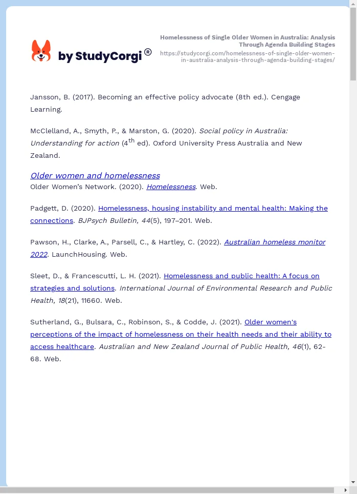 Homelessness of Single Older Women in Australia: Analysis Through Agenda Building Stages. Page 2