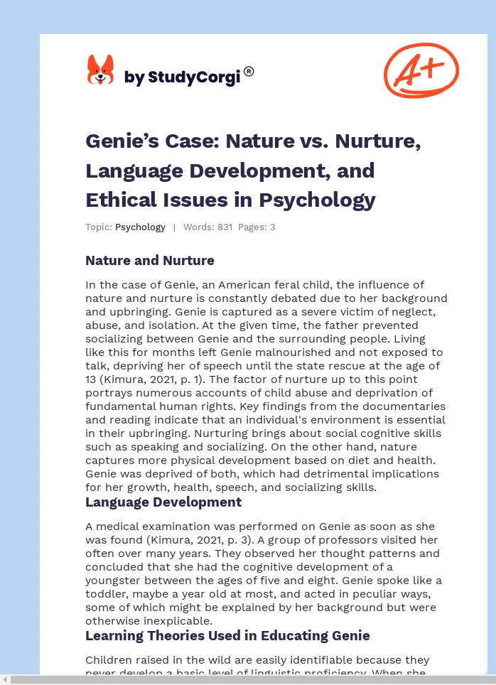 Genie’s Case: Nature vs. Nurture, Language Development, and Ethical Issues in Psychology. Page 1