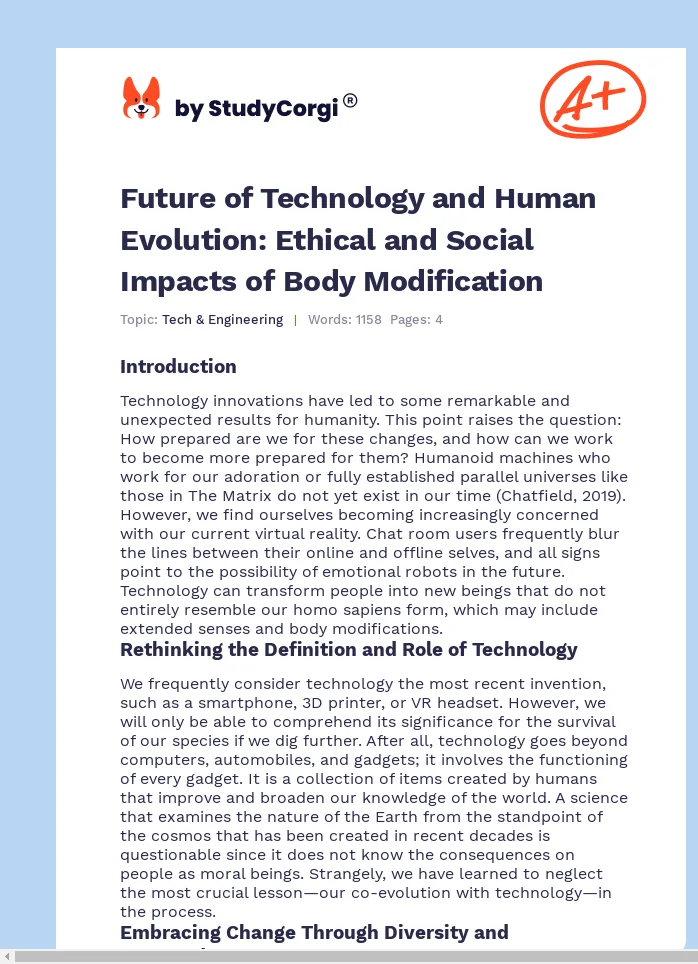 Future of Technology and Human Evolution: Ethical and Social Impacts of Body Modification. Page 1