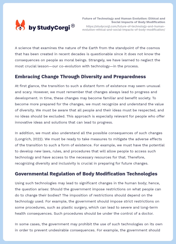 Future of Technology and Human Evolution: Ethical and Social Impacts of Body Modification. Page 2