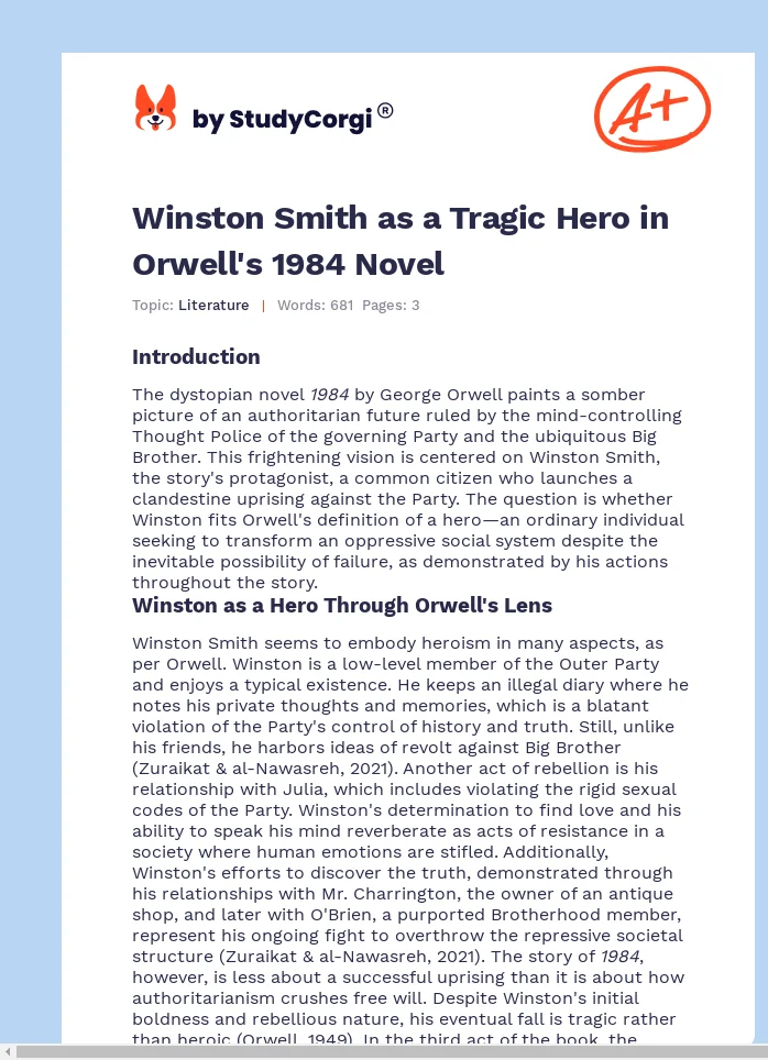Winston Smith as a Tragic Hero in Orwell's 1984 Novel. Page 1