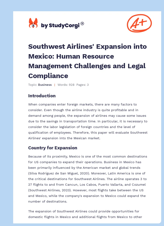 Southwest Airlines' Expansion into Mexico: Human Resource Management Challenges and Legal Compliance. Page 1