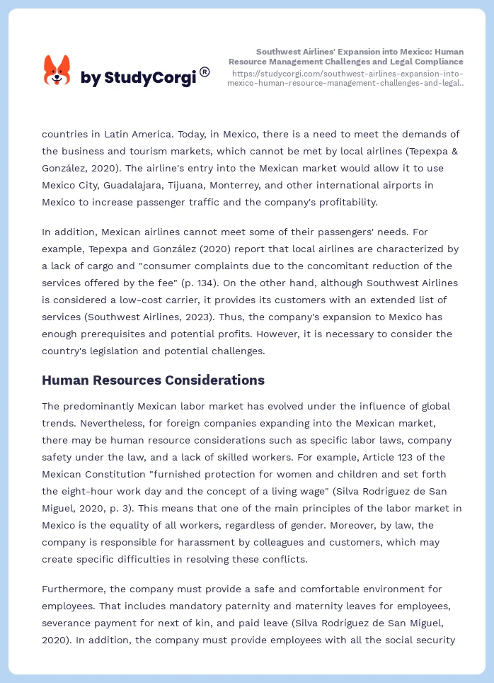 Southwest Airlines' Expansion into Mexico: Human Resource Management Challenges and Legal Compliance. Page 2