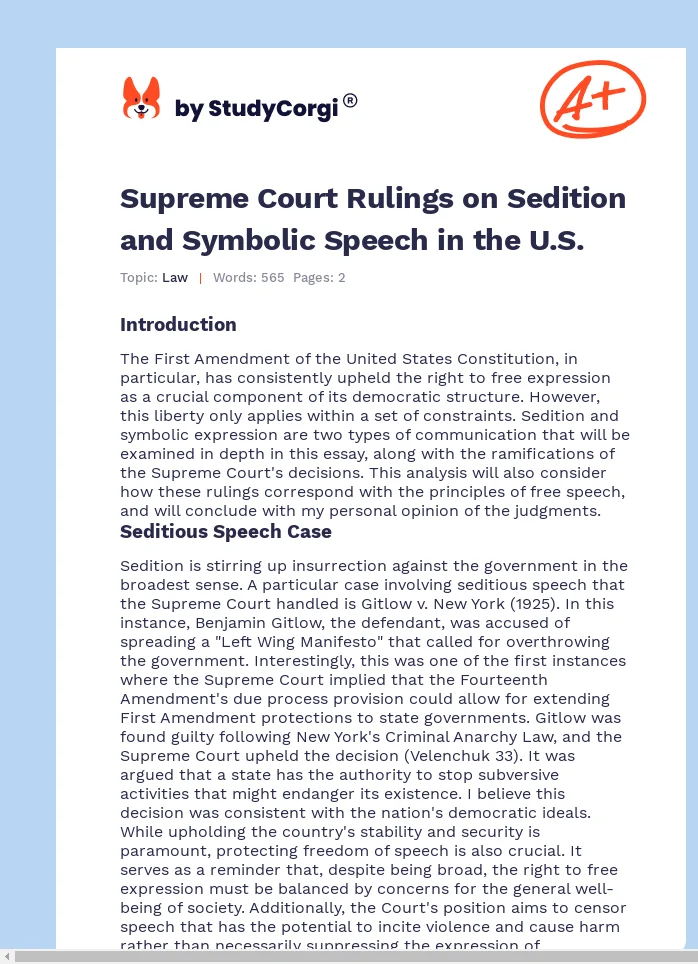 Supreme Court Rulings on Sedition and Symbolic Speech in the U.S.. Page 1