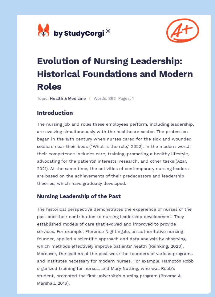 Evolution of Nursing Leadership: Historical Foundations and Modern Roles. Page 1