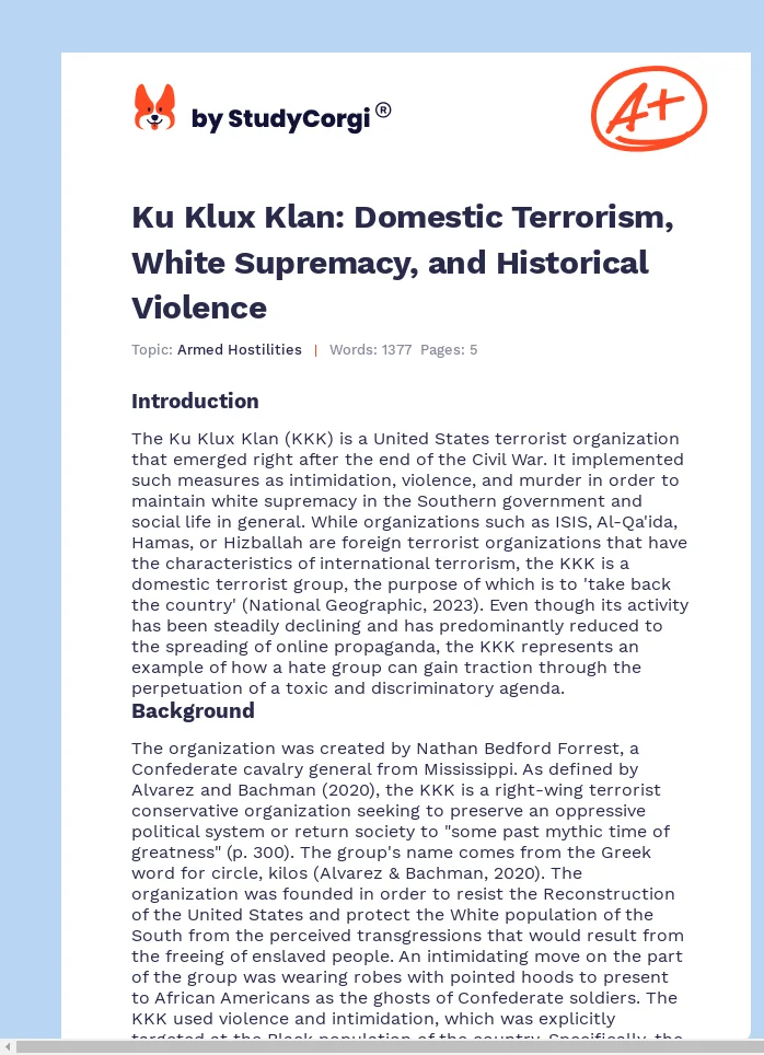 Ku Klux Klan: Domestic Terrorism, White Supremacy, and Historical Violence. Page 1