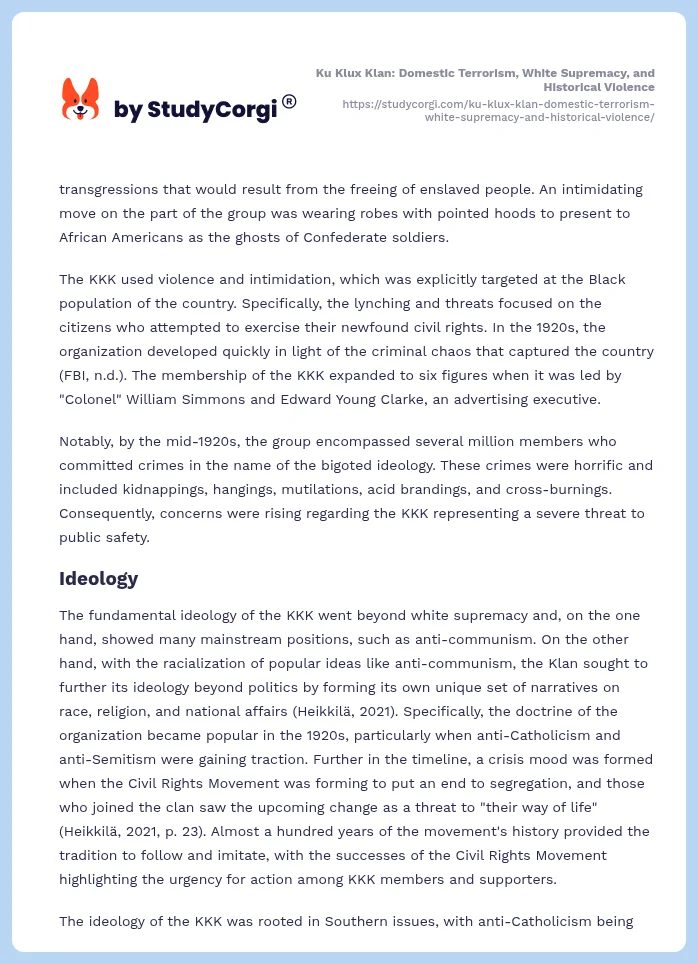 Ku Klux Klan: Domestic Terrorism, White Supremacy, and Historical Violence. Page 2