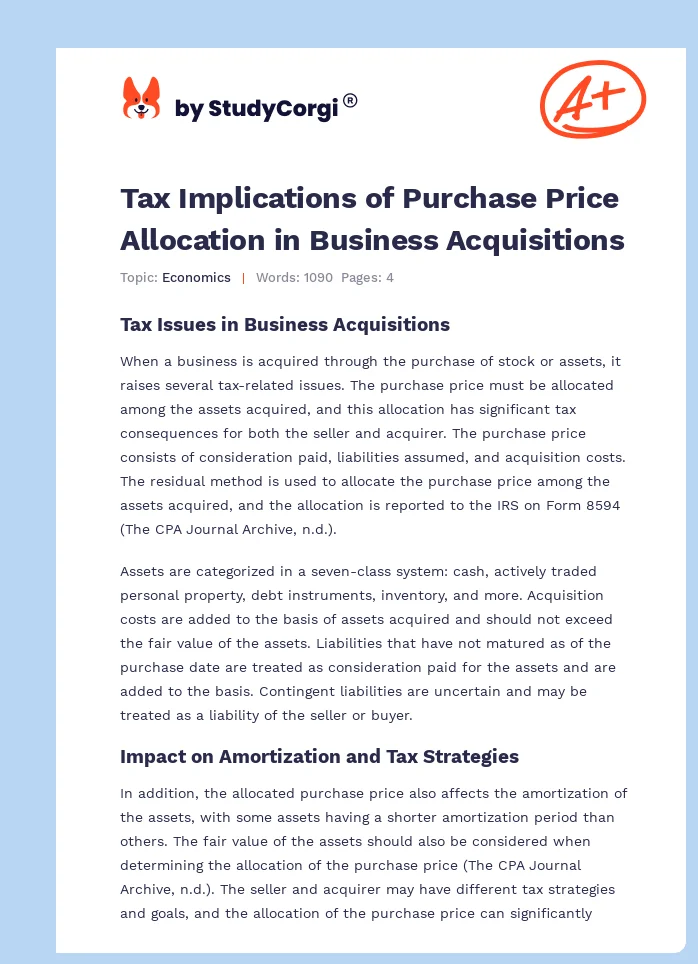 Tax Implications of Purchase Price Allocation in Business Acquisitions. Page 1