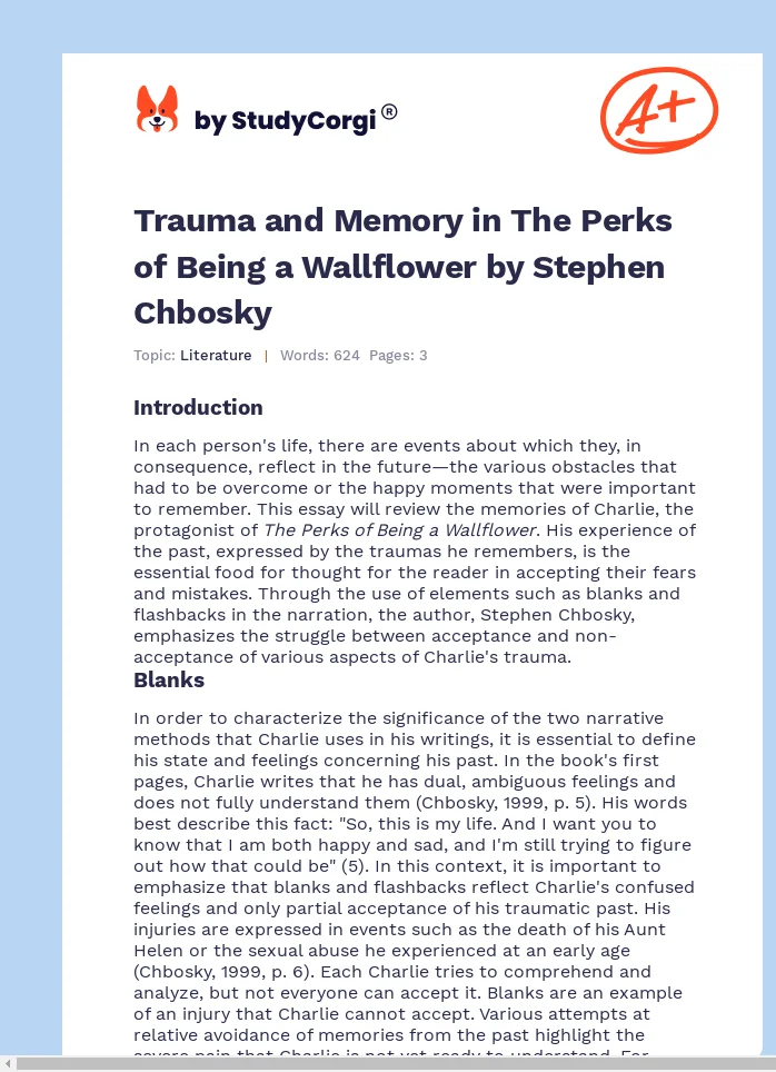 Trauma and Memory in The Perks of Being a Wallflower by Stephen Chbosky. Page 1