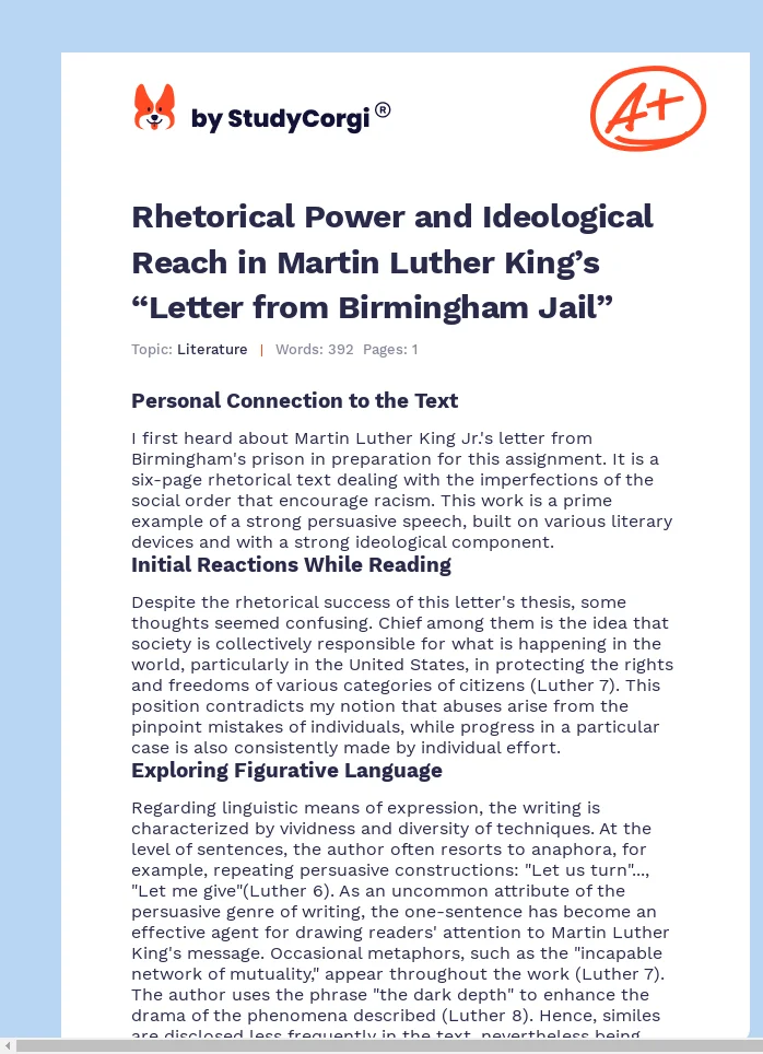 Rhetorical Power and Ideological Reach in Martin Luther King’s “Letter from Birmingham Jail”. Page 1