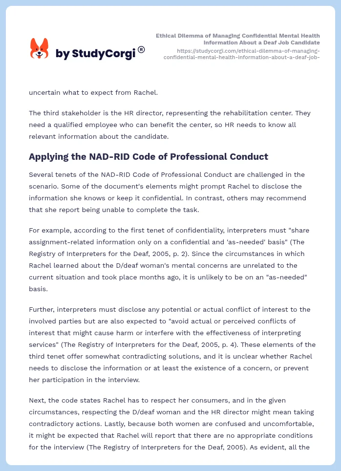 Ethical Dilemma of Managing Confidential Mental Health Information About a Deaf Job Candidate. Page 2