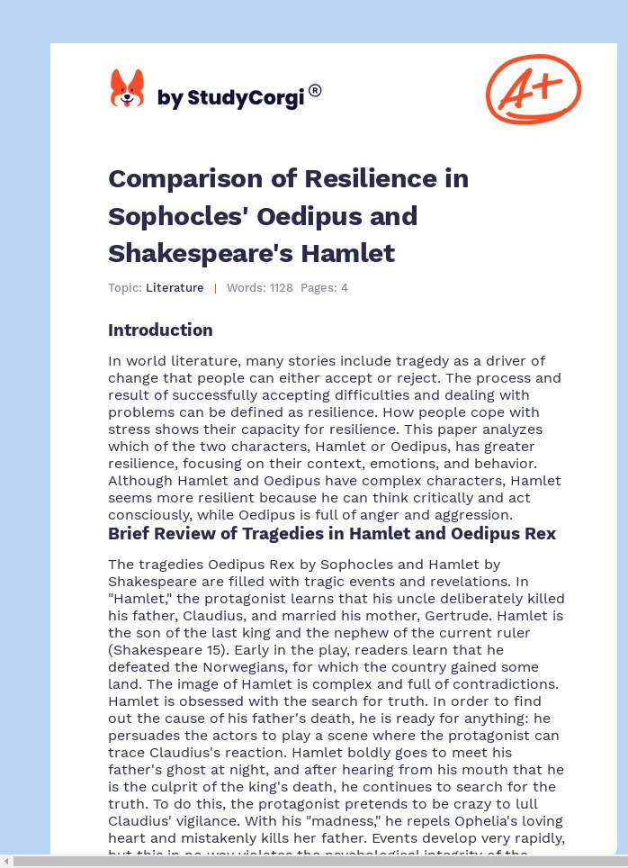 Comparison of Resilience in Sophocles' Oedipus and Shakespeare's Hamlet. Page 1