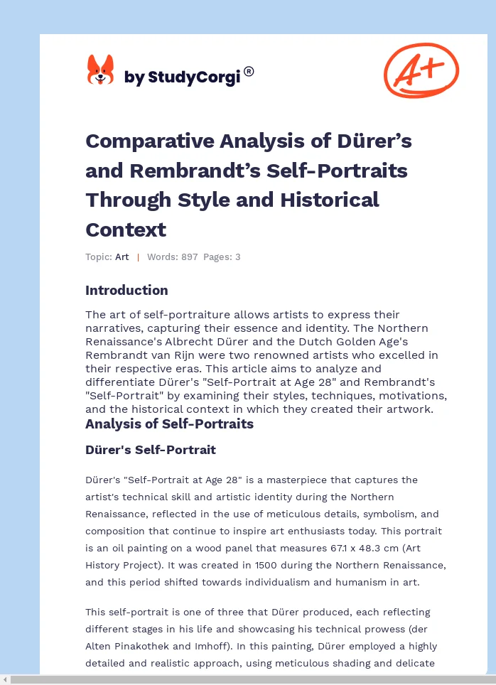 Comparative Analysis of Dürer’s and Rembrandt’s Self-Portraits Through Style and Historical Context. Page 1