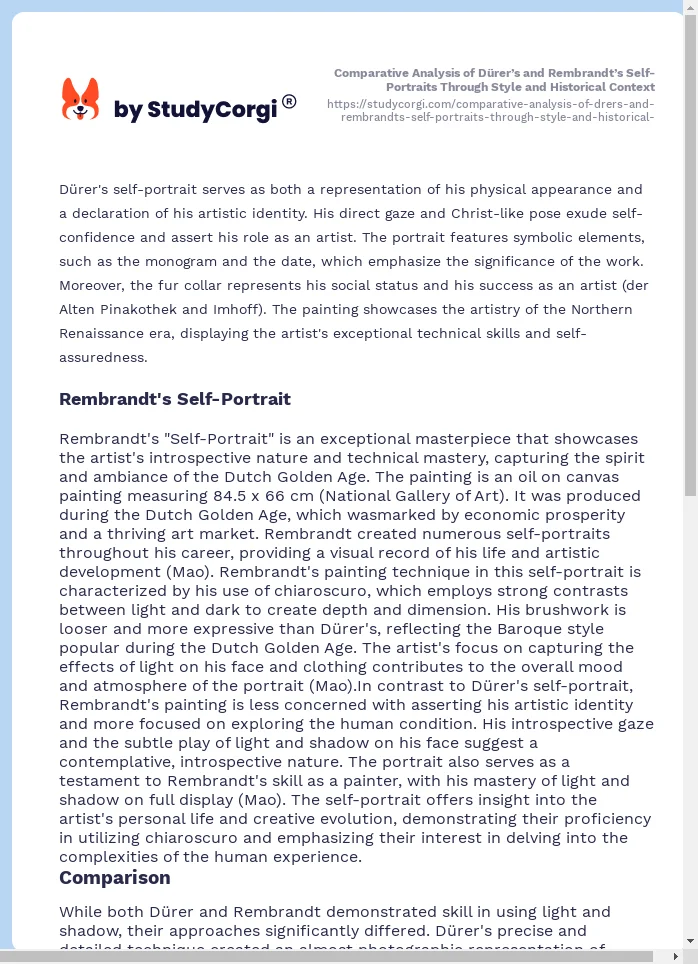 Comparative Analysis of Dürer’s and Rembrandt’s Self-Portraits Through Style and Historical Context. Page 2