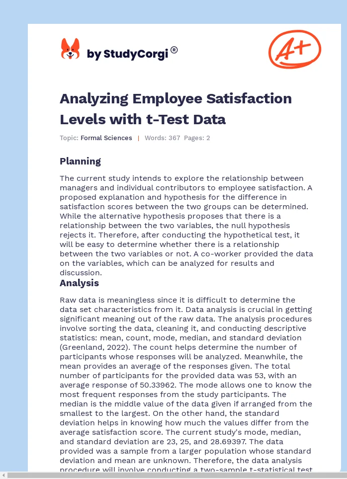 Analyzing Employee Satisfaction Levels with t-Test Data. Page 1