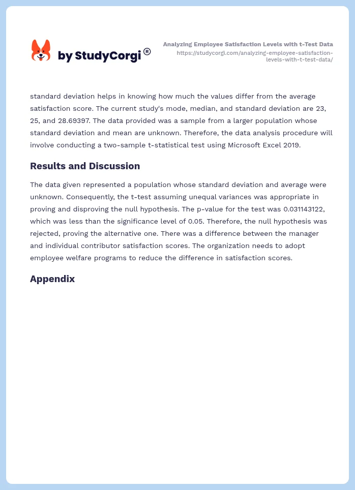 Analyzing Employee Satisfaction Levels with t-Test Data. Page 2