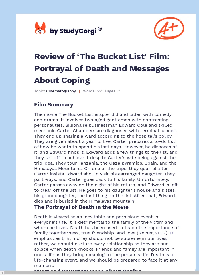 Review of ‘The Bucket List' Film: Portrayal of Death and Messages About Coping. Page 1