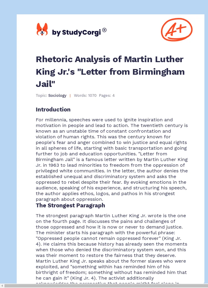 Rhetoric Analysis of Martin Luther King Jr.'s "Letter from Birmingham Jail". Page 1