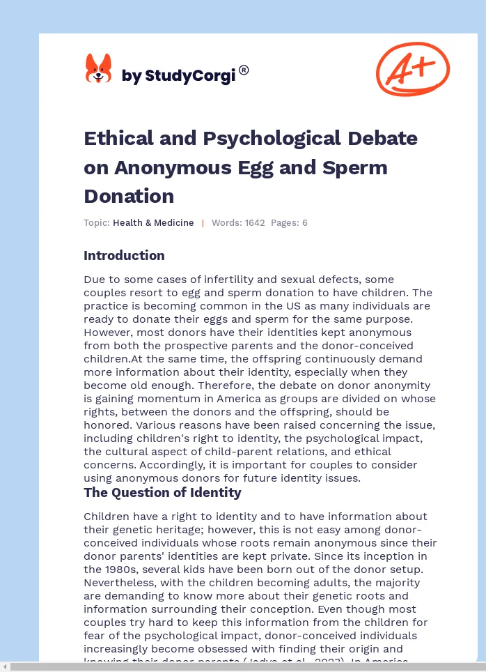 Ethical and Psychological Debate on Anonymous Egg and Sperm Donation. Page 1