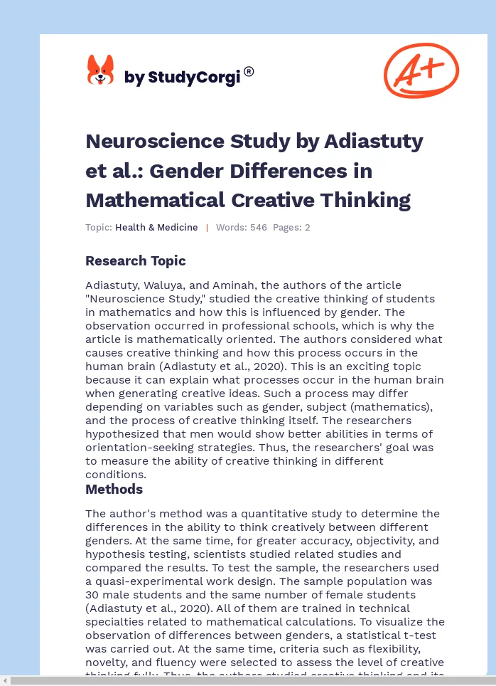 Neuroscience Study by Adiastuty et al.: Gender Differences in Mathematical Creative Thinking. Page 1