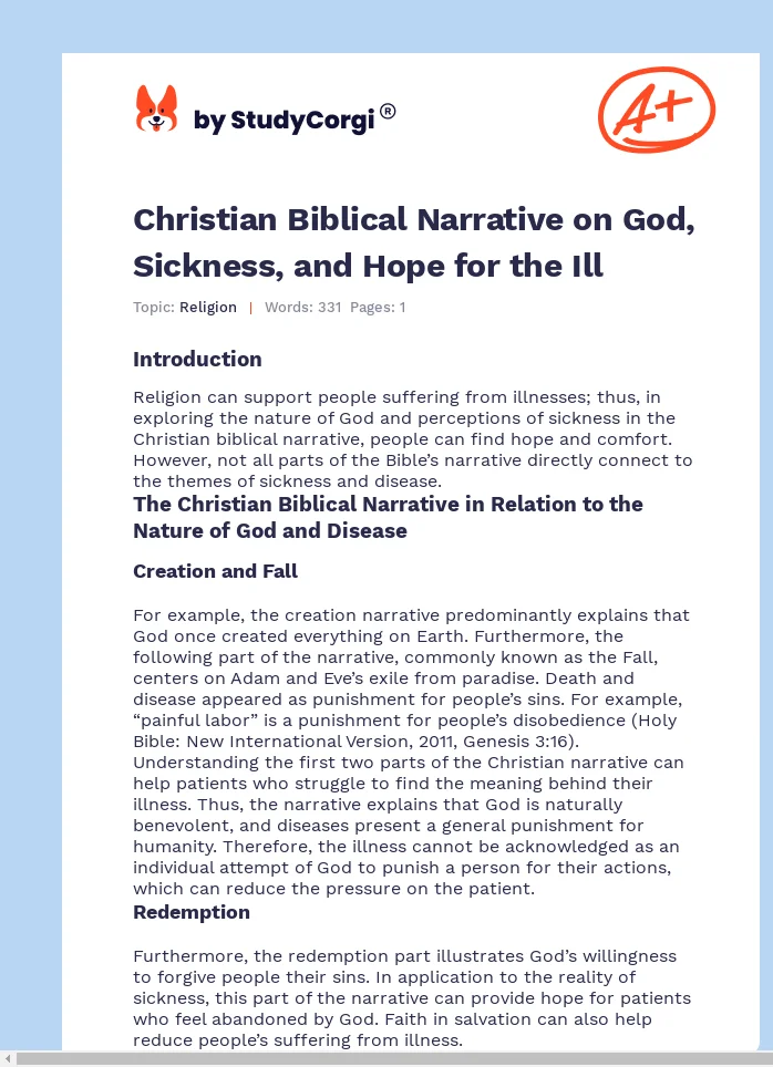 Christian Biblical Narrative on God, Sickness, and Hope for the Ill. Page 1