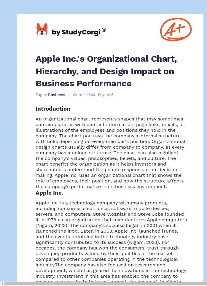 Apple Inc.'s Organizational Chart, Hierarchy, and Design Impact on Business Performance. Page 1